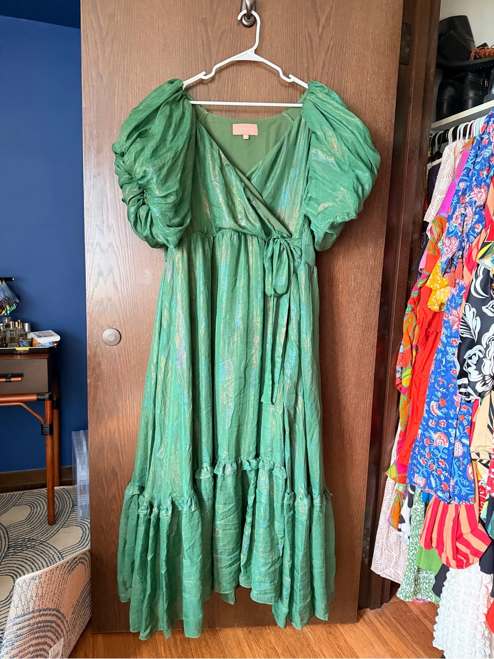 JesseKae Pixie Dress - iridescent emerald green with puff sleeves 3X